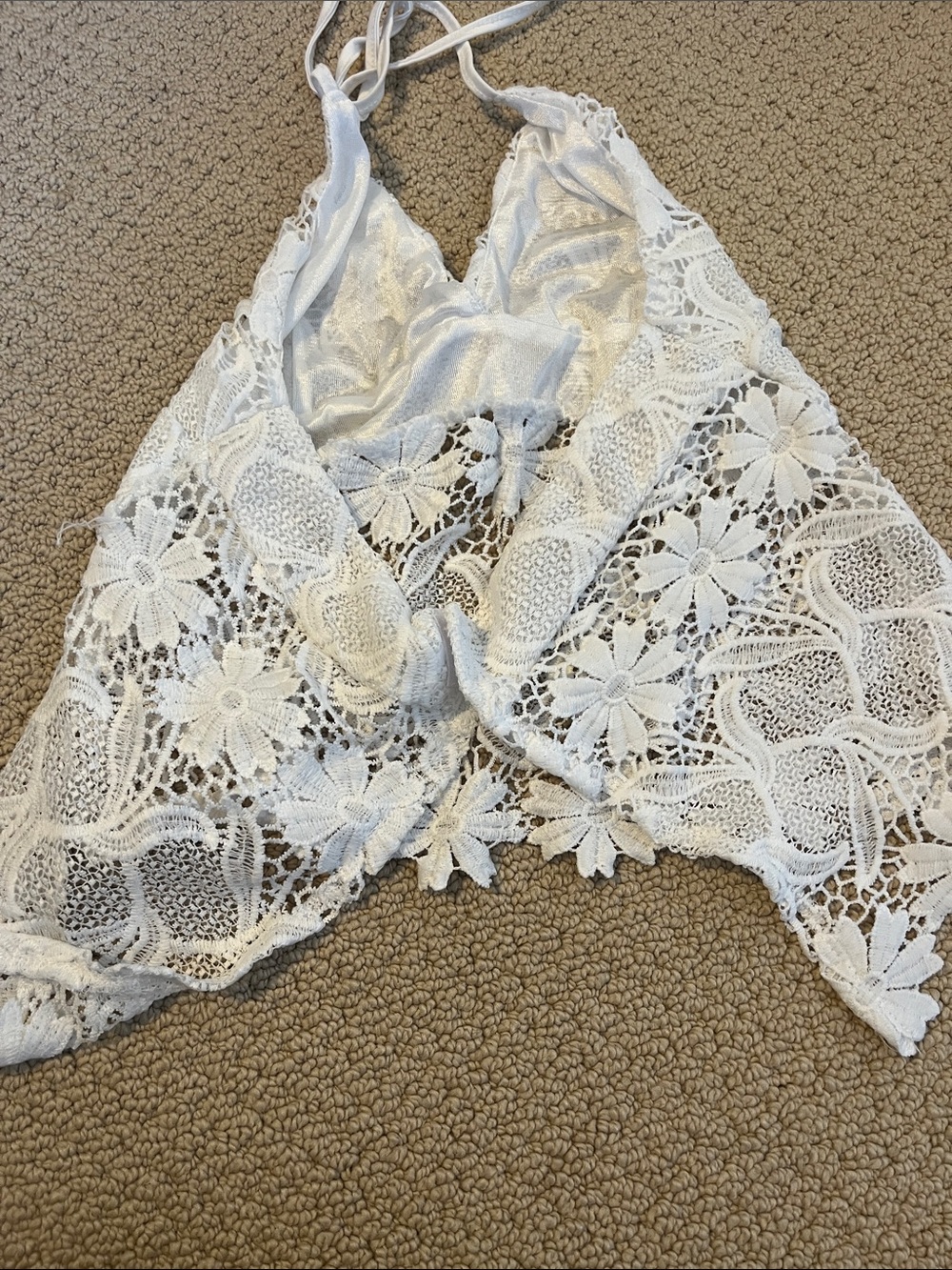 White Lace Halter Tank Top - Women's Crochet Floral Shirt Medium - Picture 2 of 3